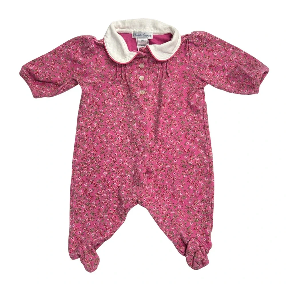 Ralph Lauren Floral Peter Pan Collar Footie Romper 3M Pink Cottagecore Preppy